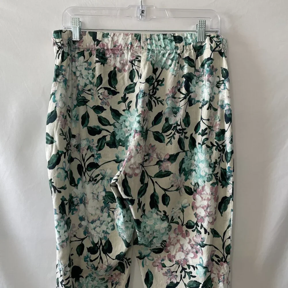 J. Jill Womens Ivory Mid Rise Floral Linen Stretch Button Hem Ankle Pant Size M